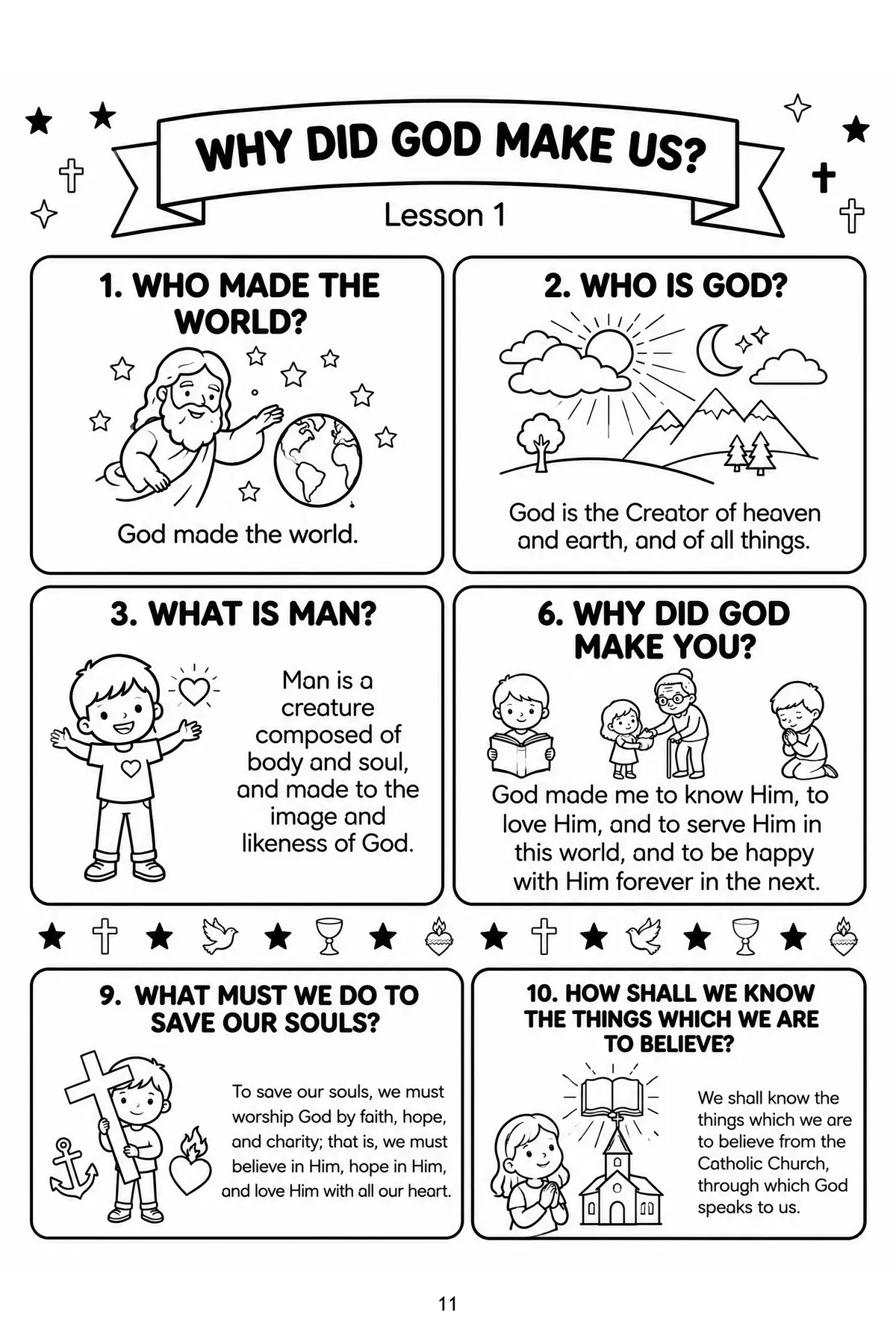 Lesson 1, Why did God make us? Six illustrated panels, beginning with question 1, Who made the world?, which shows God reaching toward a small globe among the stars.