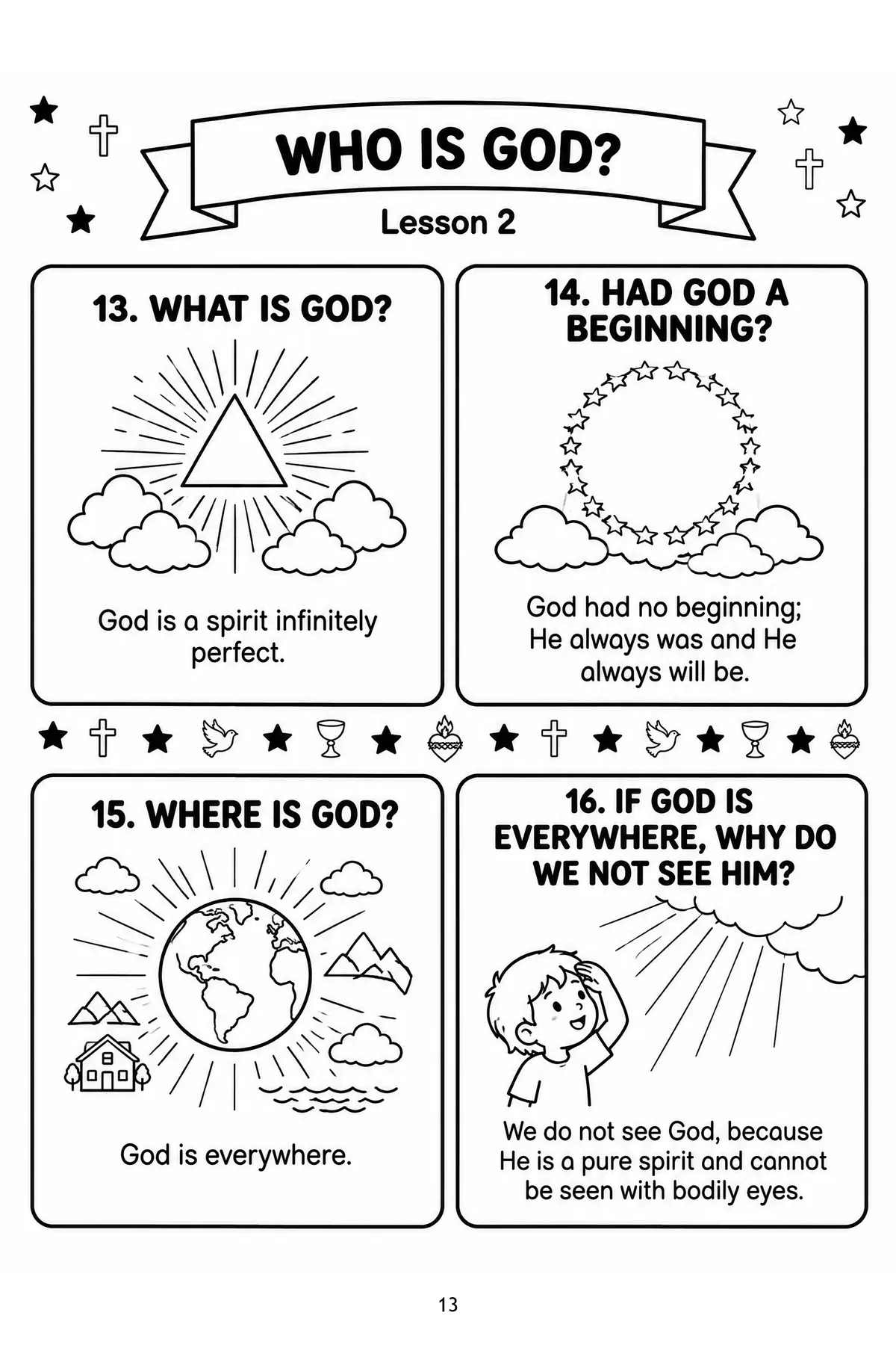 Lesson 2, Who is God? Panels for questions 13 to 16, with drawings of a radiant triangle, a ring of stars, the earth among clouds, and a child shading his eyes to look at the sky.