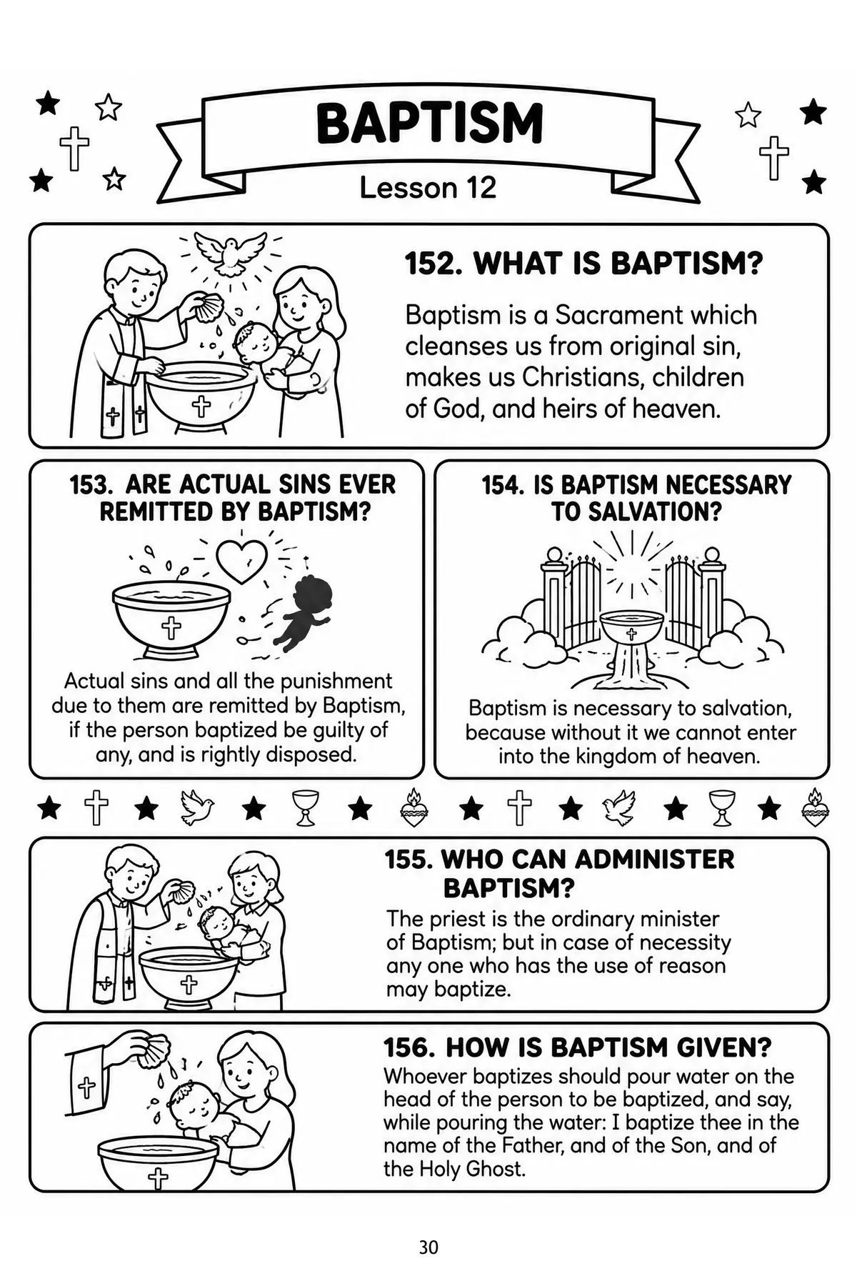 Lesson 12, Baptism. A priest baptizes an infant held by its parents, with panels for questions 152 to 156.